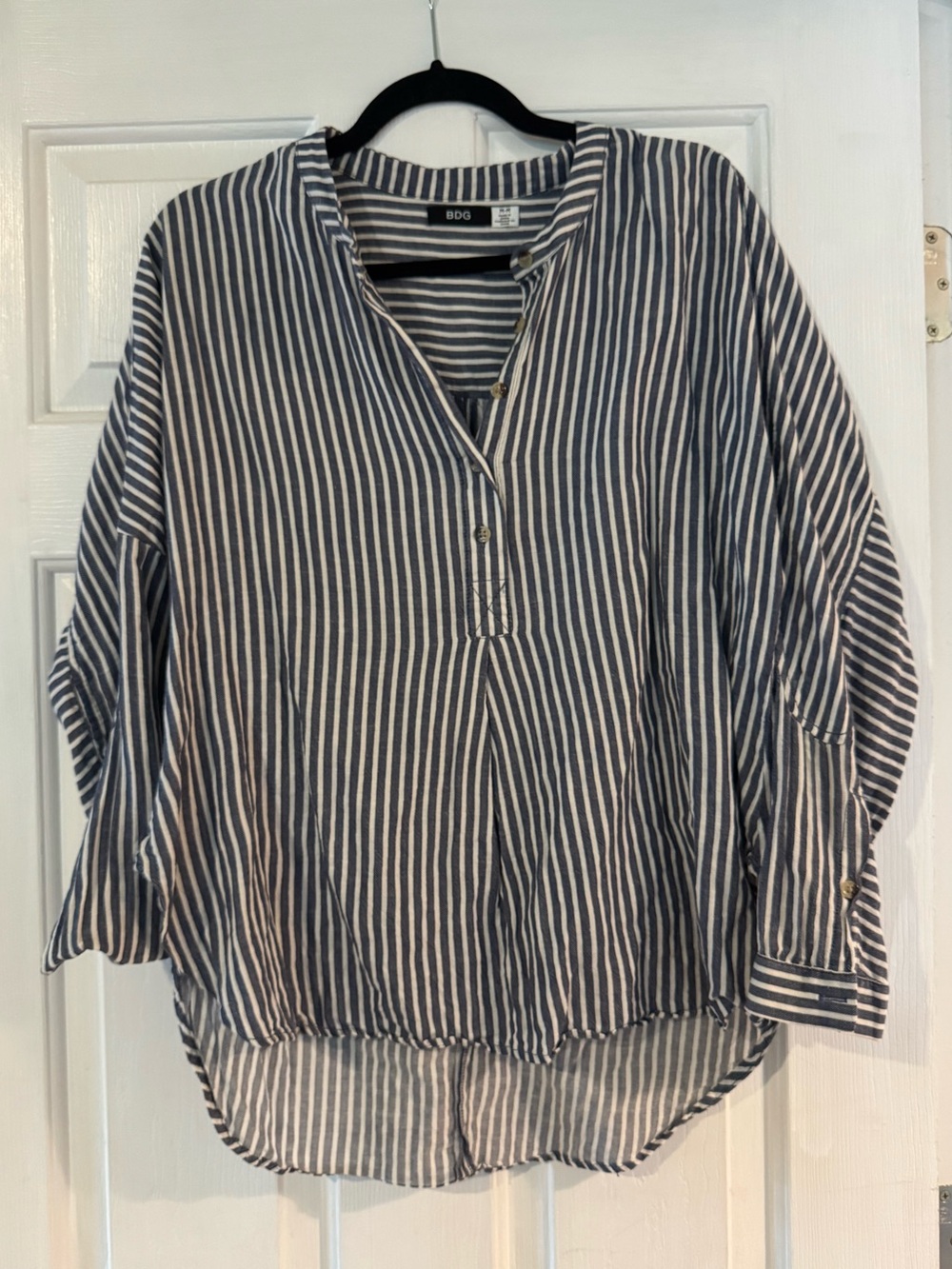 BDG Navy and White Striped Relaxed Button Pullover Top